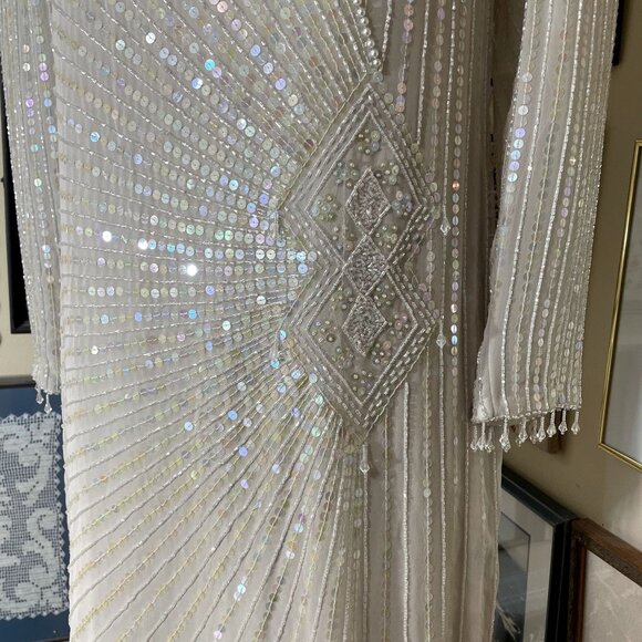90s Vintage Oleg Cassini Long Sleeve Sequin and Bead Covered Silk Gown Size 14 - Picture 6 of 11